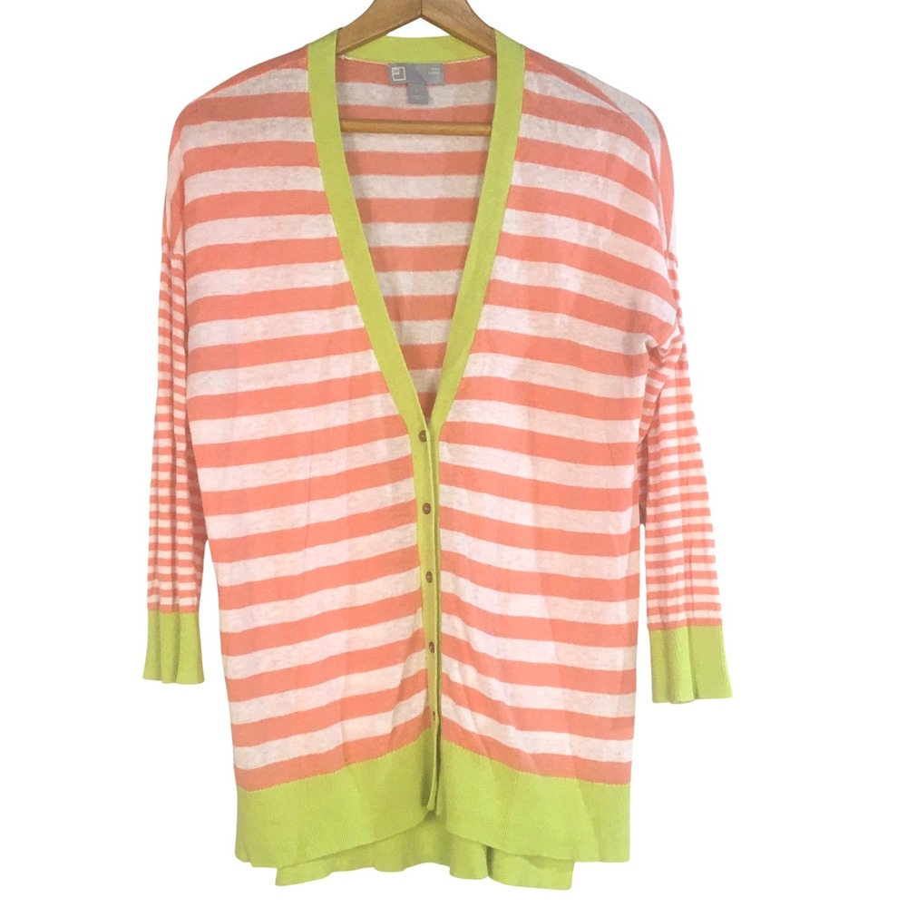 Jcp linen cotton striped cardigan coral white lime green button up V neck size L